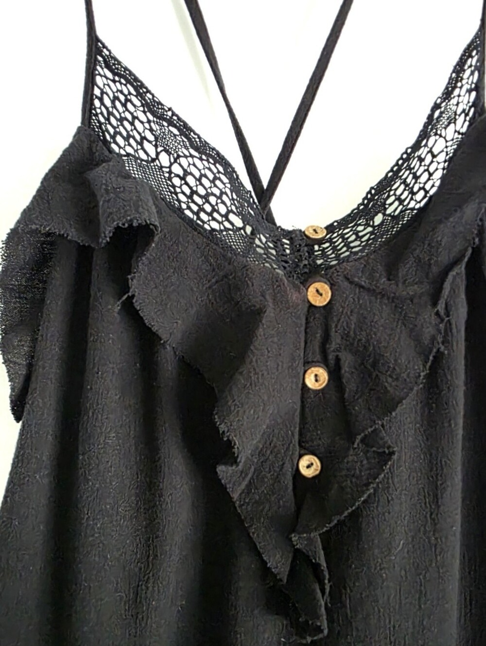 FREE PEOPLE Frill Seeker Black Lace-Trim Detail Ruffle Drop Waist Dress L - Picture 6 of 11
